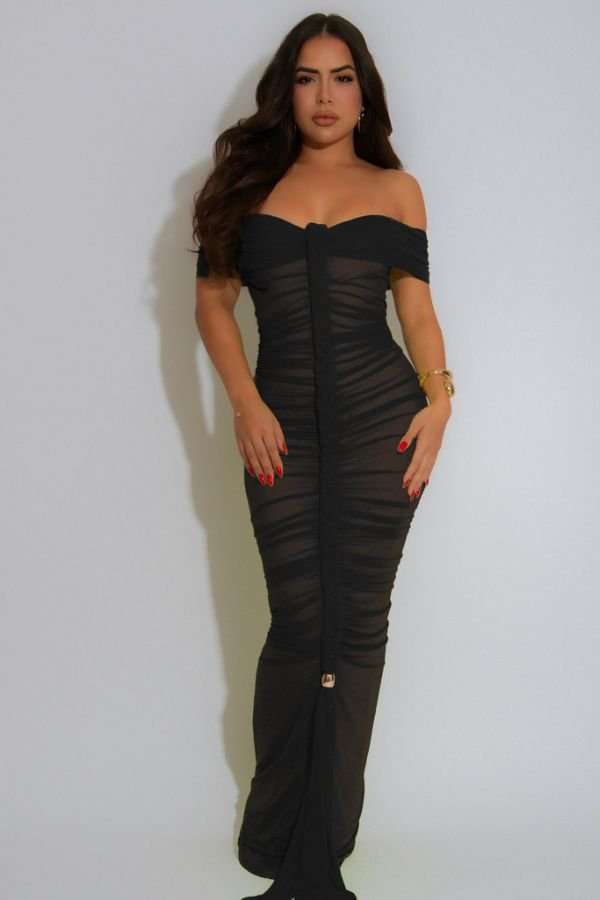 Off-Shoulder Ruched Maxi Dress - XL, Black image