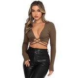 Deep V Neck Criss Cross Crop Top - XL, Brown image
