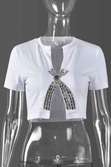 Split Cut Front Rhinestone Decor Short Sleeve Crop Top image 5