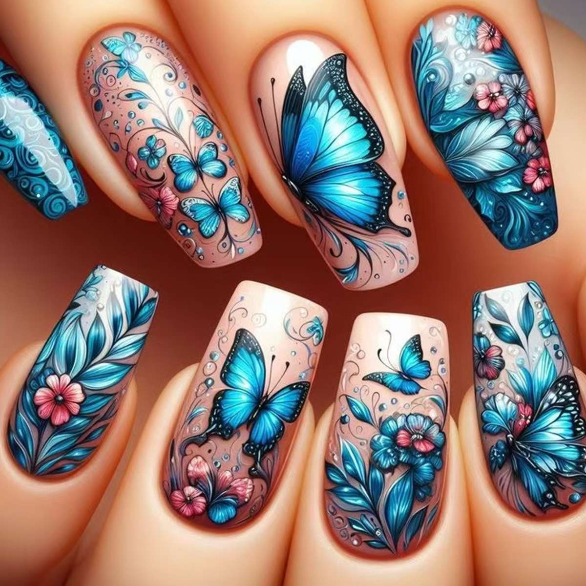 Blue Butterfly and Floral Nail Art image 5