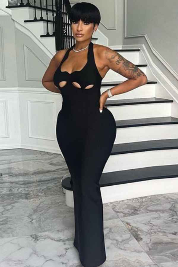 Sexy Plain Cut-Out Halter Neck Sleeveless Maxi Dress image 3