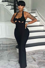 Sexy Plain Cut-Out Halter Neck Sleeveless Maxi Dress image 3