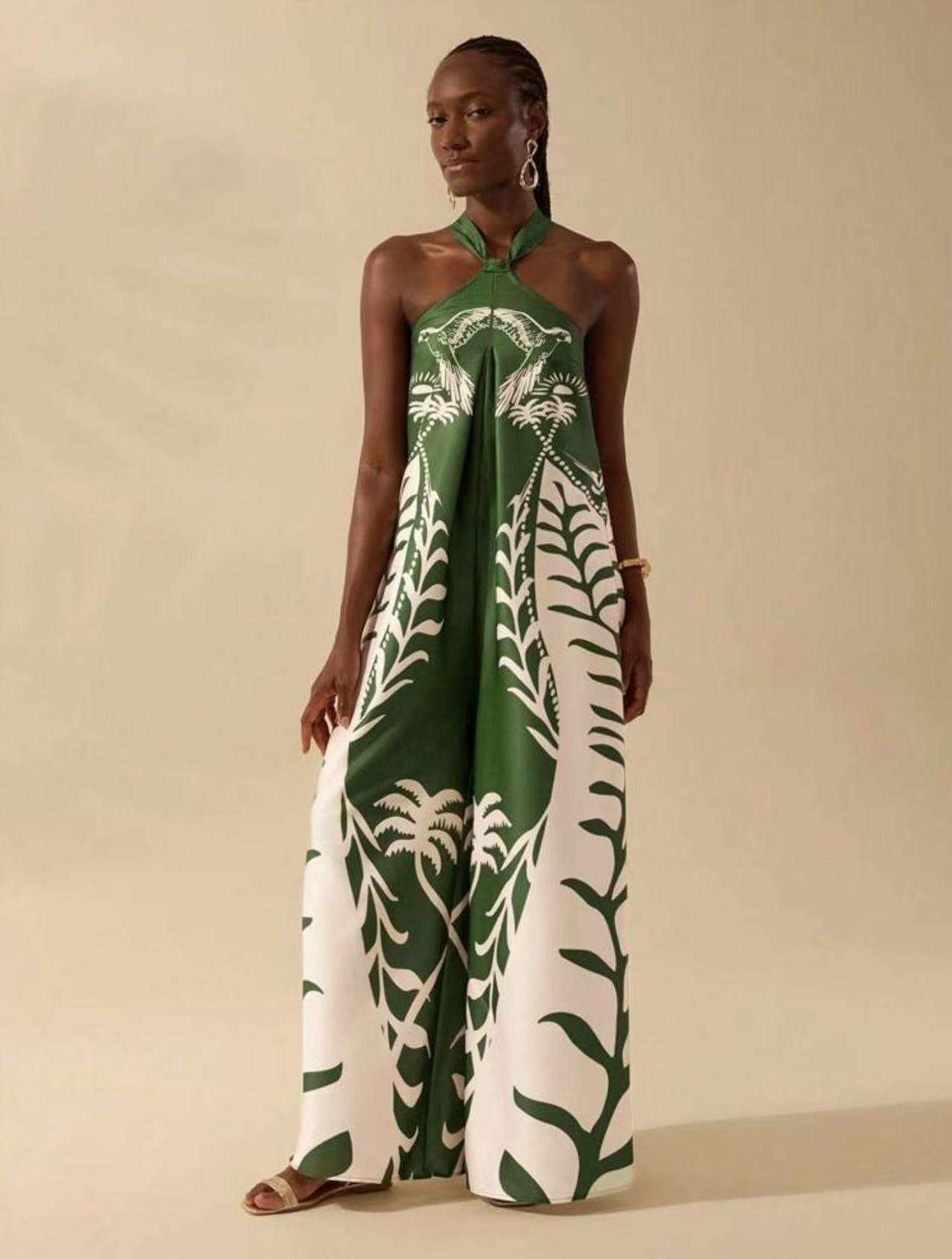 Floral Printed Wide-Leg Jumpsuit - M, Green image