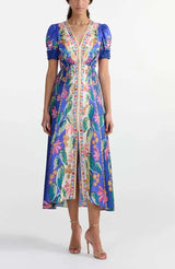 Floral Puff-Sleeve Maxi Dress - M, Blue image