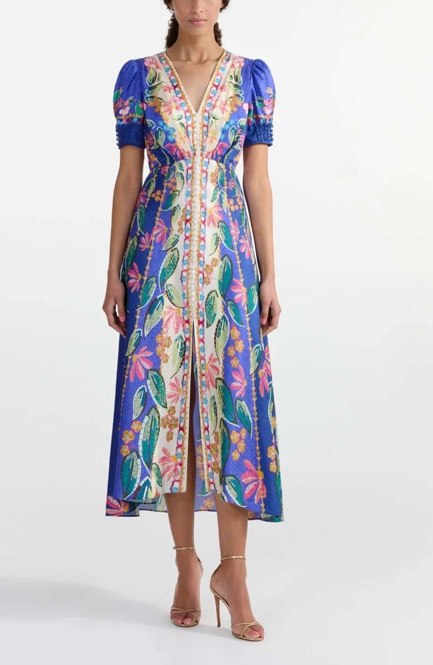 Floral Puff-Sleeve Maxi Dress - M, Blue image
