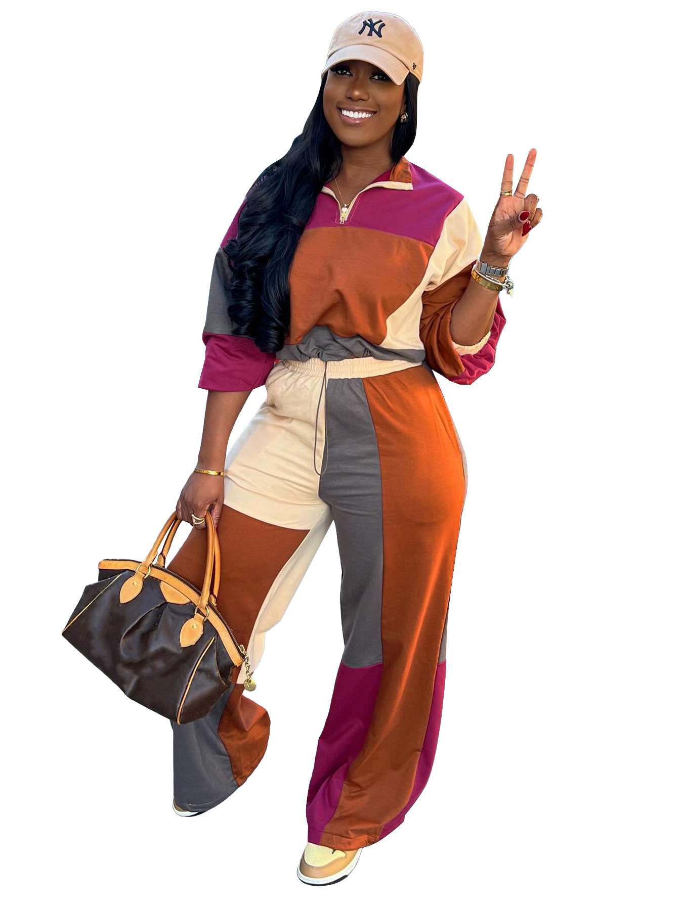 Color Block Two-Piece Casual Set - L, Orange image