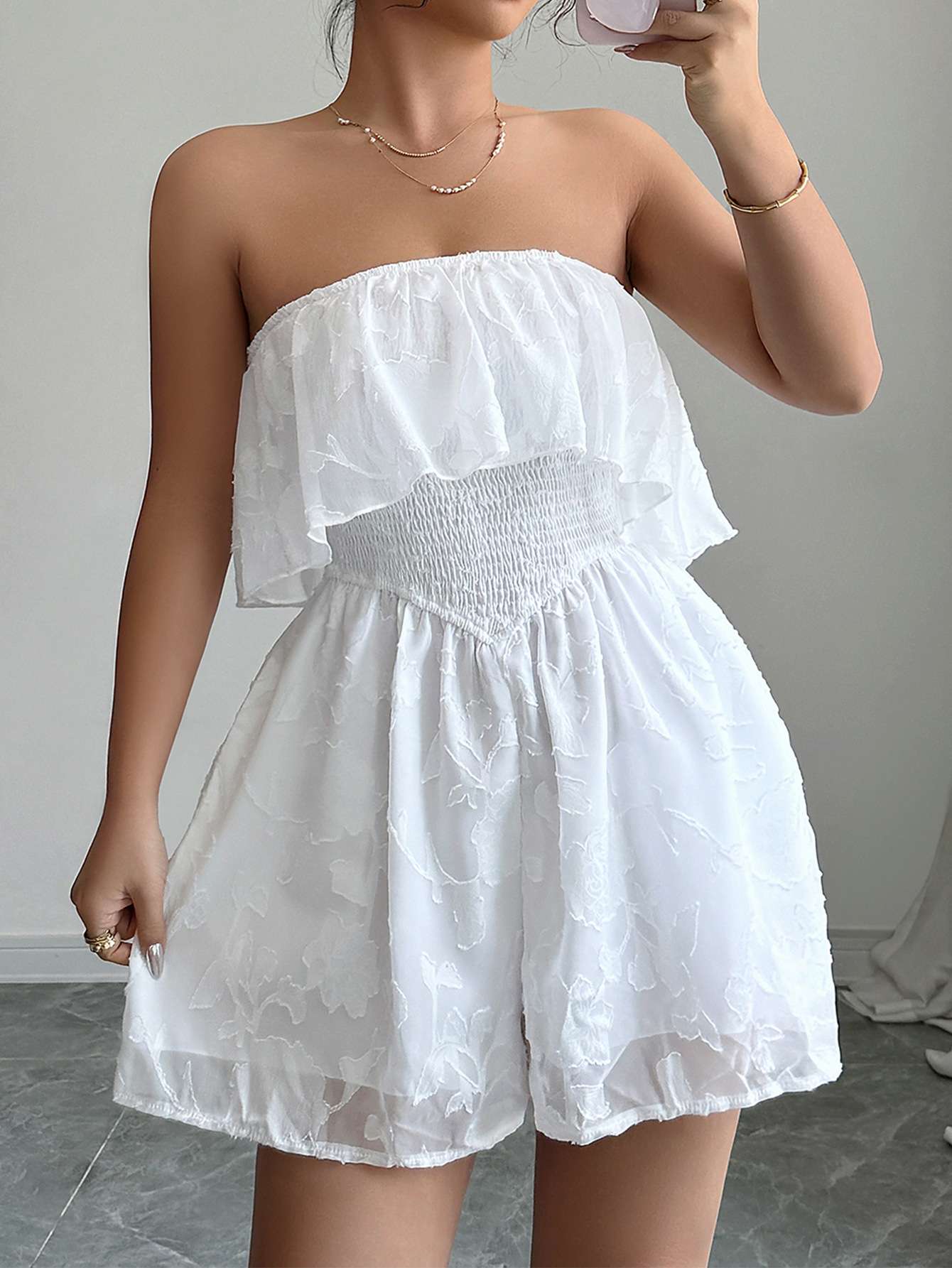 Off-Shoulder Ruffle Dress with Smocked Waist - S, White image
