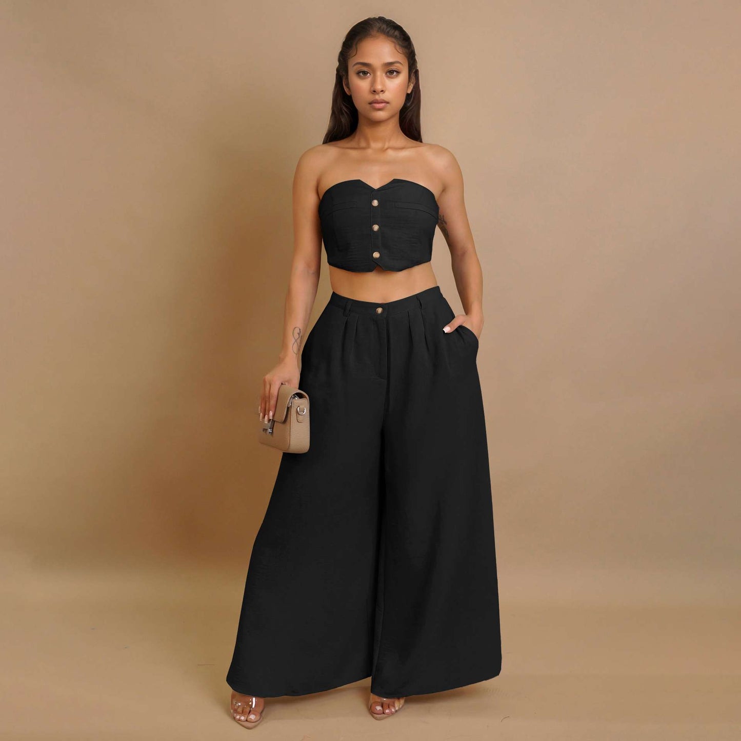 Strapless Crop Top & Wide-Leg Pants Set - L, Black image
