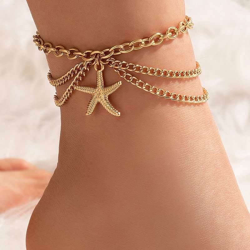 Gold Starfish Anklet - Free Size, Gold image