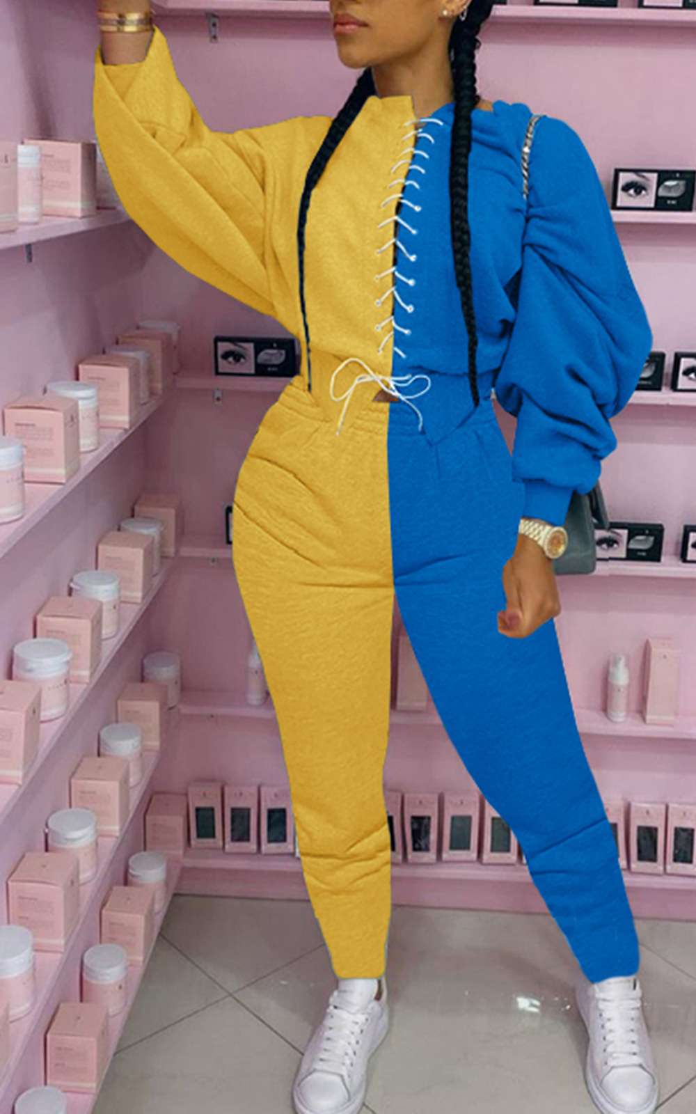 Casual Two Tone Jumpsuit - L, Mustard Yellow image