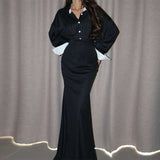 Pinstripe Two-Piece Set with Oversized Shirt and Fitted Skirt - L, Black image