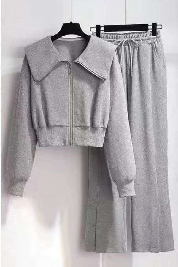 Casual Zipper Sweatshirt & Loose-Fit Pants Tracksuit Set - M, Grey image