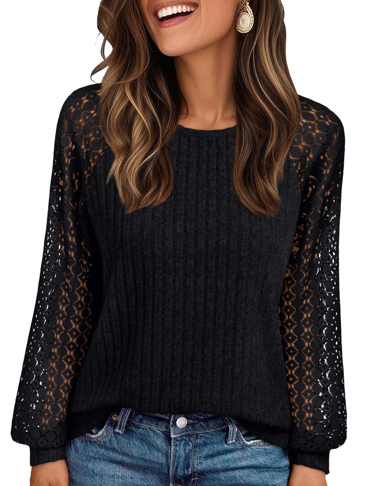 Textured Knit Top with Lace Sleeves - L, Black image