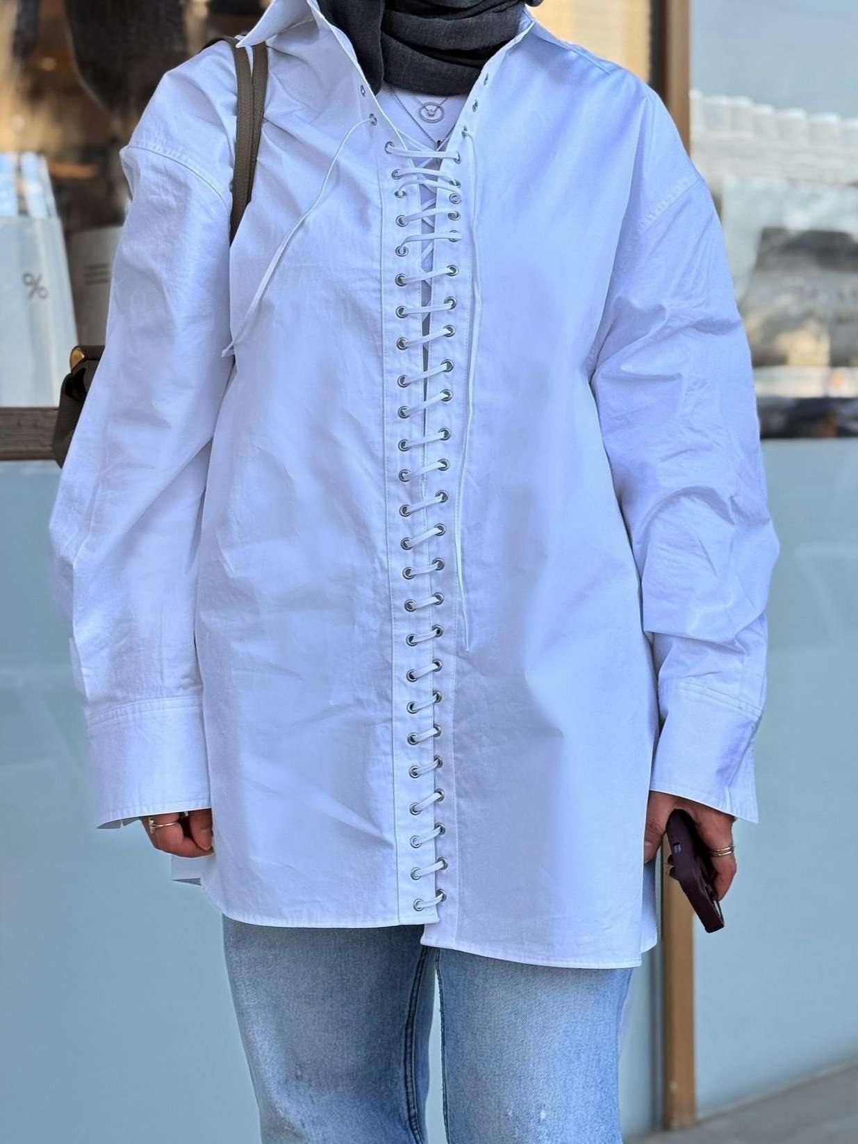 Long-Sleeve Shirt with Lace-Up Front Detail image 5