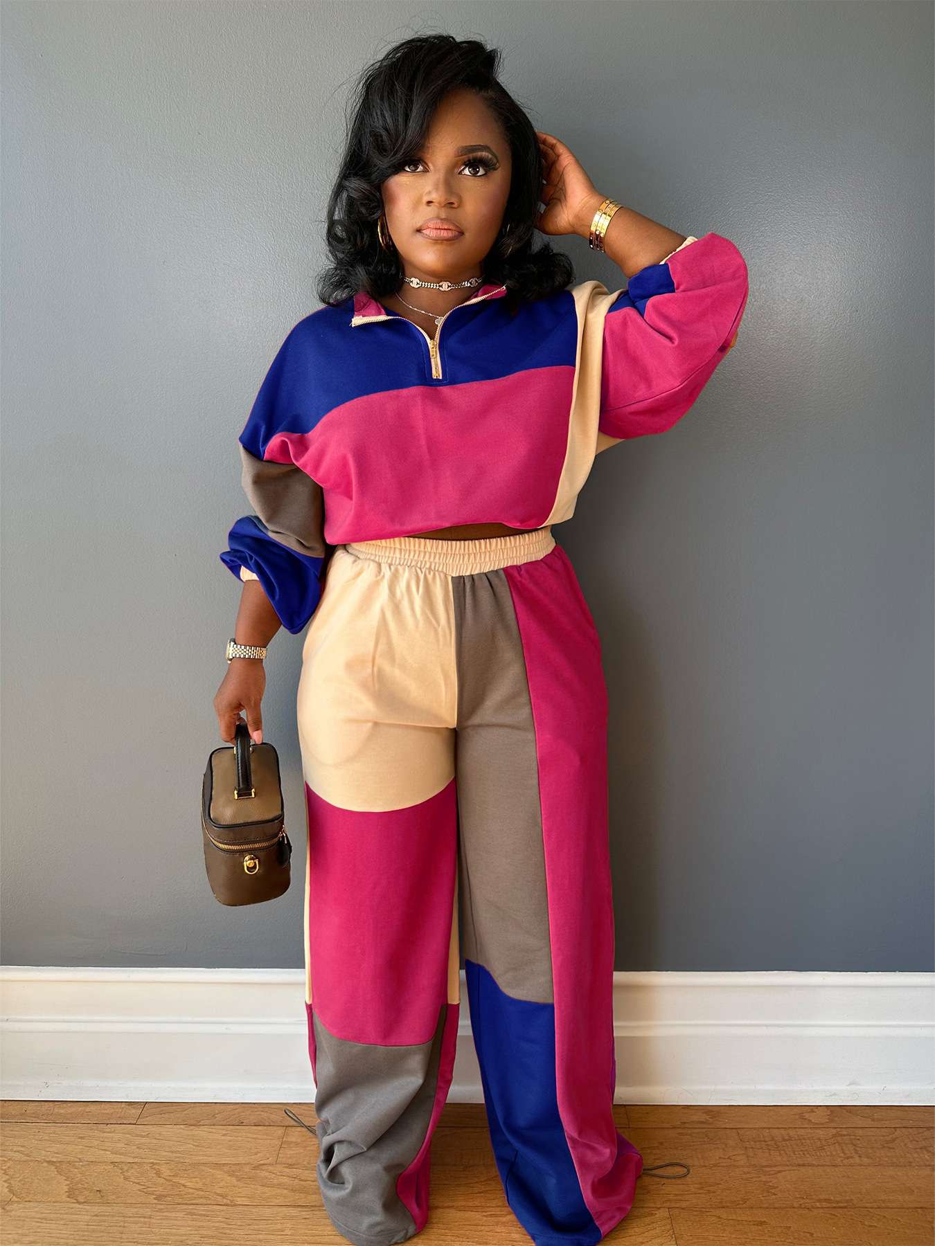 Color Block Two-Piece Casual Set - L, Rose image