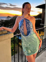 Sequin Halter Dress with Cutout Detail - L, Multi Blue image