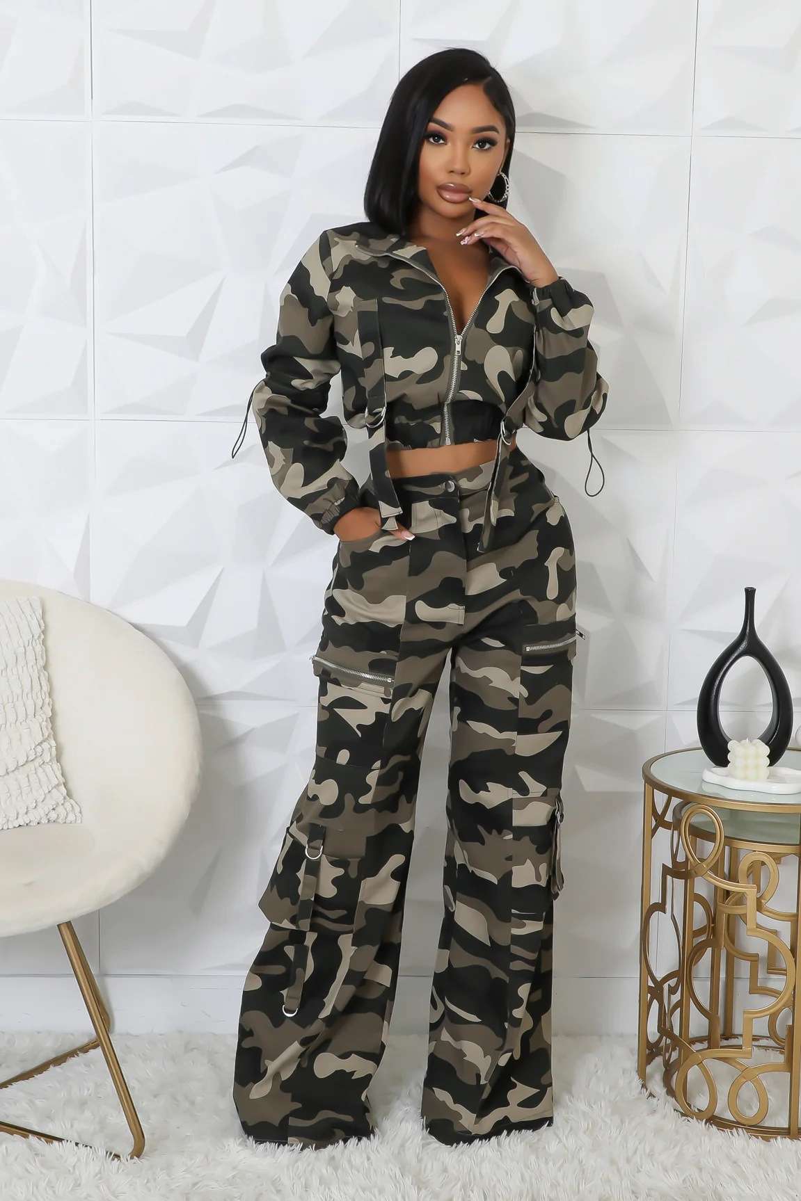 Casual Camo Cropped Sweatshirts and Cargo Pants Sets - M, Army Green image
