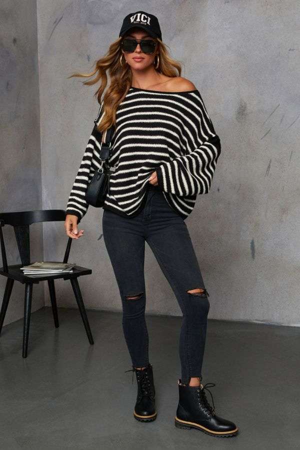 Striped Loose Bat Long Sleeve Sweater - M, Multi White image