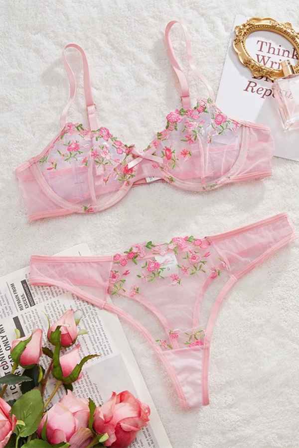 Sexy Lace Floral Embroidery Bra Underwear Two Piece Set image 4