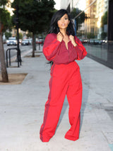 Colorblock Zipper Lapel Straight Pant Sets - XL, Red image