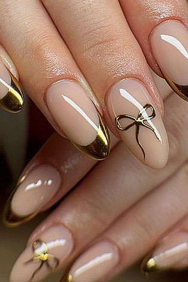Gold Chrome Bow Accent Almond Press-On Nails image 0