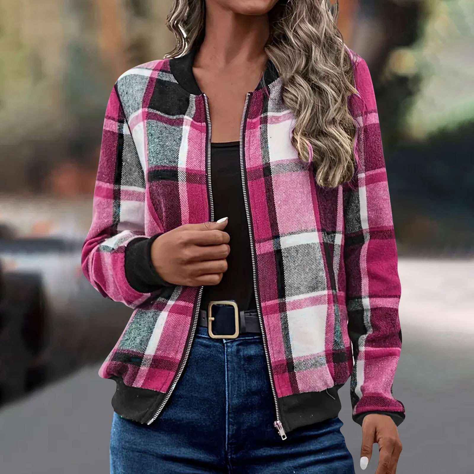 Stylish Plaid Bomber Jacket - S, Rose image