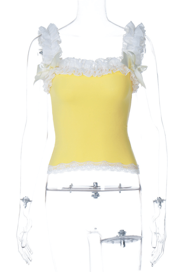 Lace Panel Ruffled-Trim Bow Accent Slim-Fit Crop Tank Top image 3