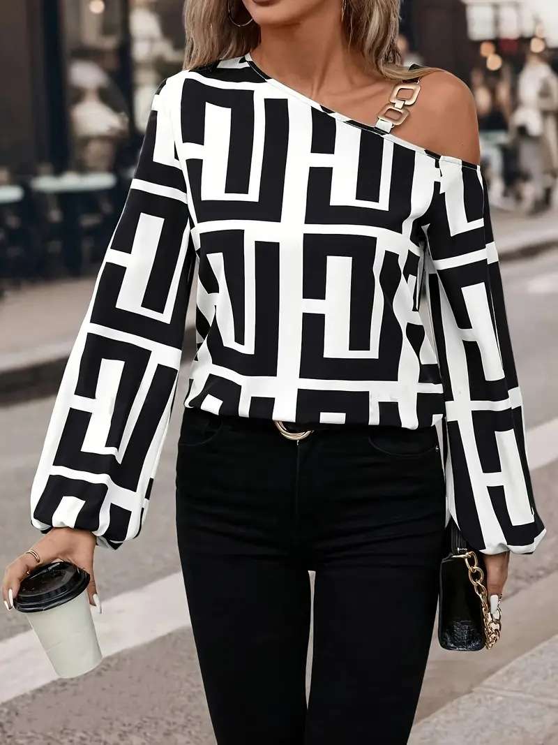 Off Shoulder Geometric Print Lon sleeve Top image 0