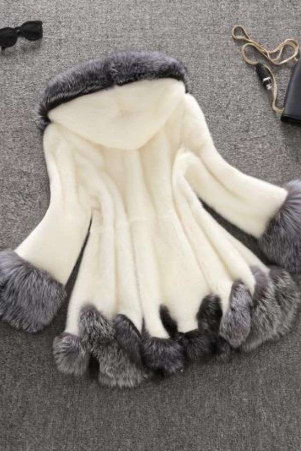 Patchwork Cardigan Furry Hooded Coats - S, White image