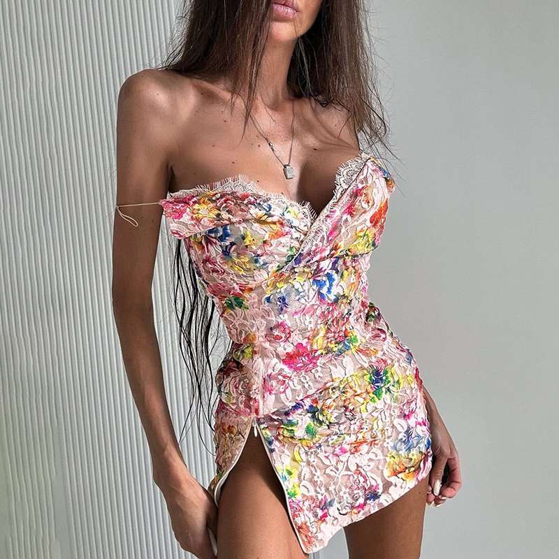 Floral Off-Shoulder Ruched Mini Dress - M, Pink image