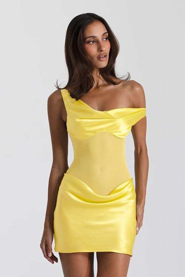 One-Shoulder Dress with Draped Detail - M, Yellow image