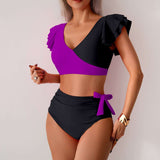 Two-Tone Ruffle Sleeve High-Waisted Bikini Set image 6