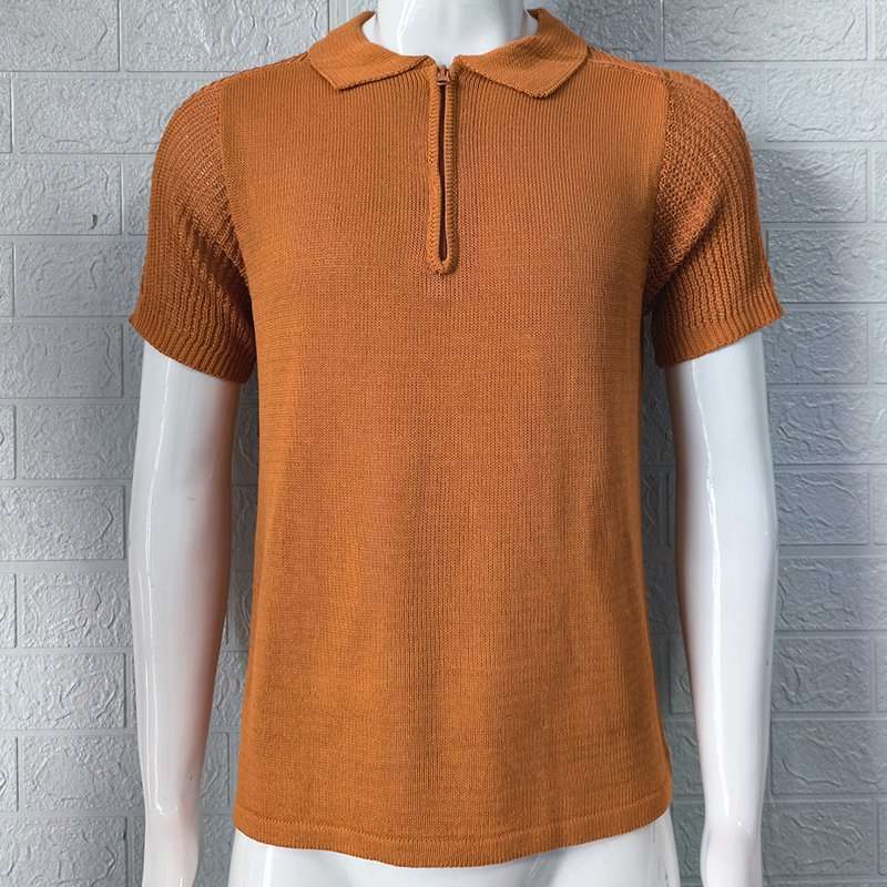 Short-Sleeve Zip Polo Shirt - S, Brown image