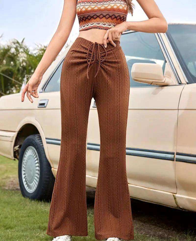 High-Waisted Brown Ribbed Flare Pants - M, Brown image