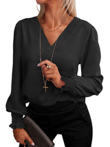 V-Neck Long Sleeve Blouse with Textured Fabric - L, Black image