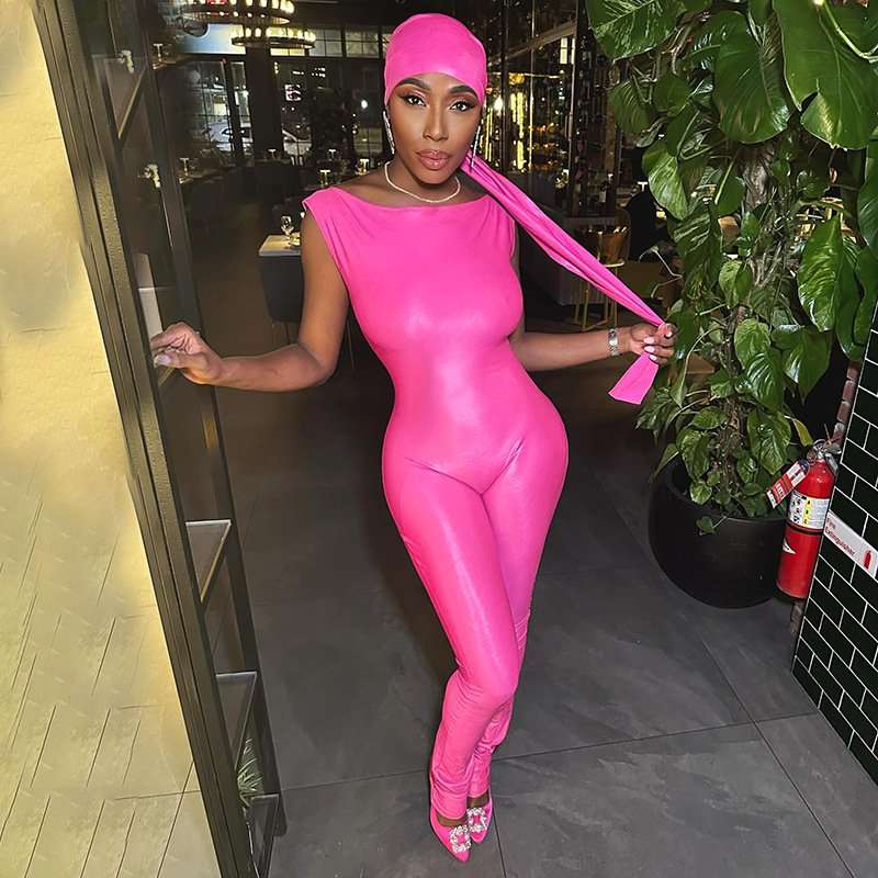 PU Sleeveless Skinny Jumpsuit - S, Rose image
