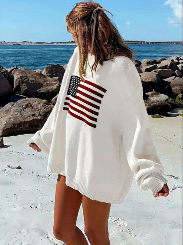 American Flag Graphic Long Sleeve Round Neck Pullover Sweater image 0