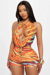 Abstract Tie-Front Halter Romper - M, Yellow image