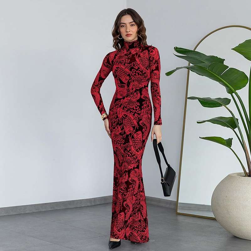 Stand Collar Dark Floral Print Casual Dress image 5