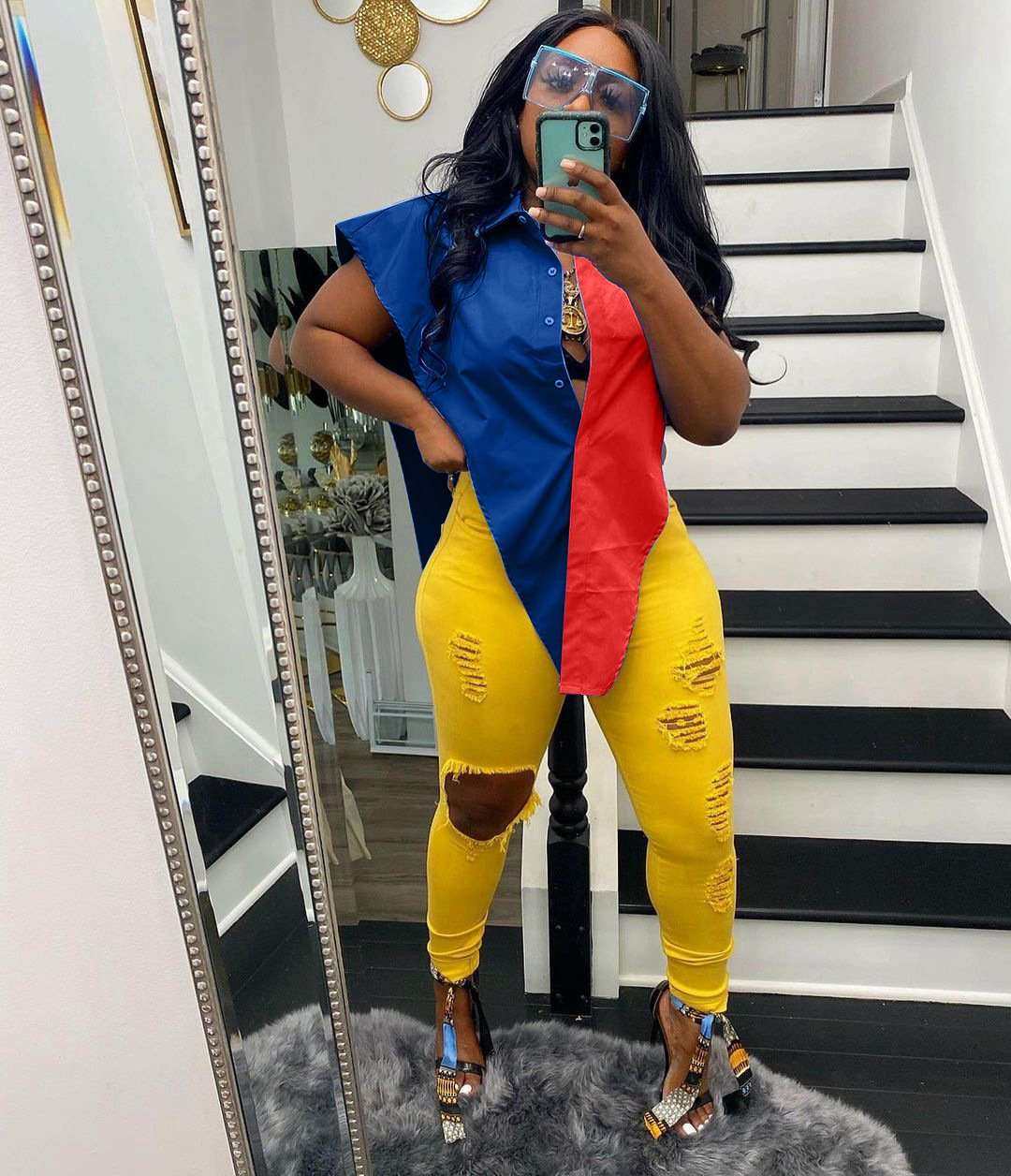 Asymmetrical Two-Tone Button-Up Shirt - S, Blue image