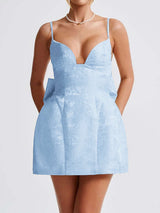 Floral Pattern Dress with Spaghetti Straps - S, Blue image
