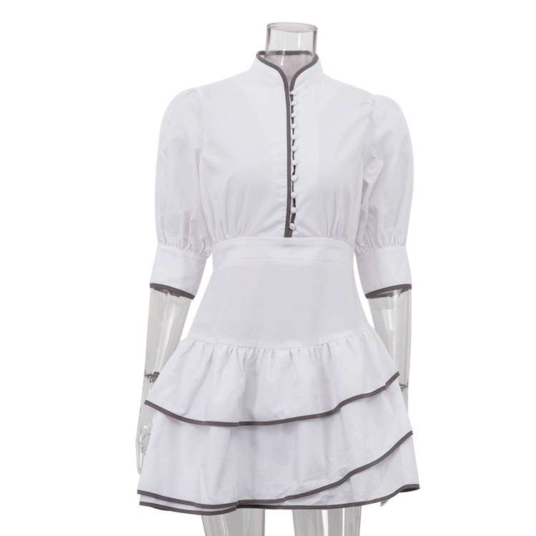 Tiered Dress with Button Detailing and Puffed Sleeves image 6