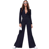 Lapel Collar Cro Tops Wide Leg Pant Blazer Sets - L, Black image