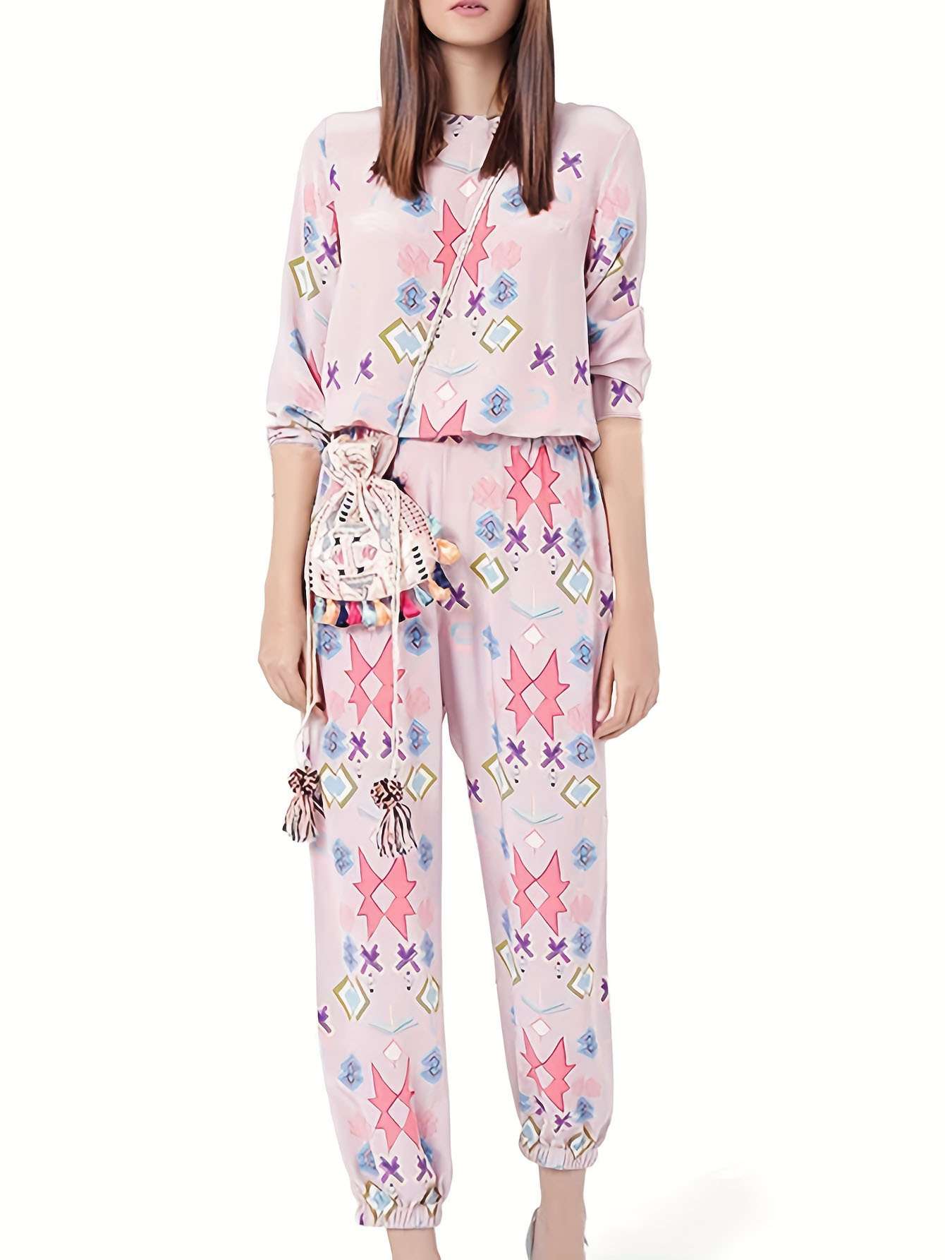 Geometric Pattern Pajama Set - S, Pink image