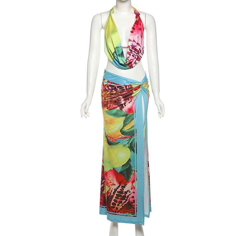 Floral-Print Halter Top & Wrap Skirt Set image 2