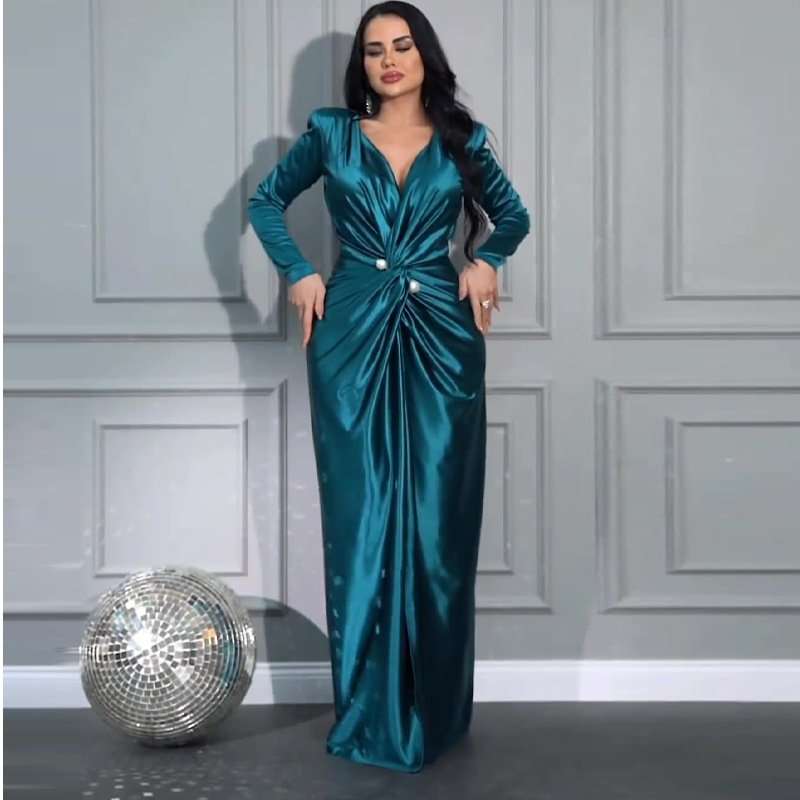 V-Neck Pleated Evening Gown - M, Deep Sea Green image