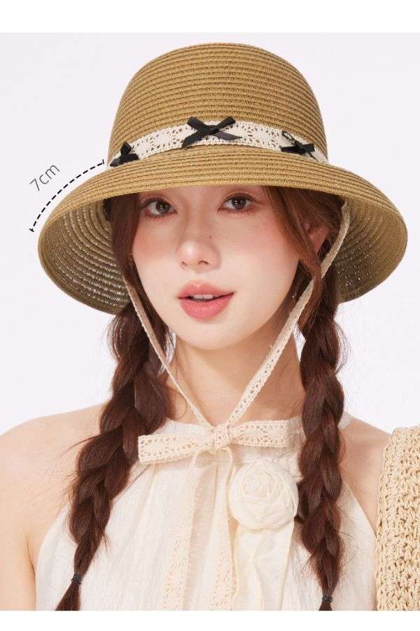 Straw Hat with Lace Trim image 0