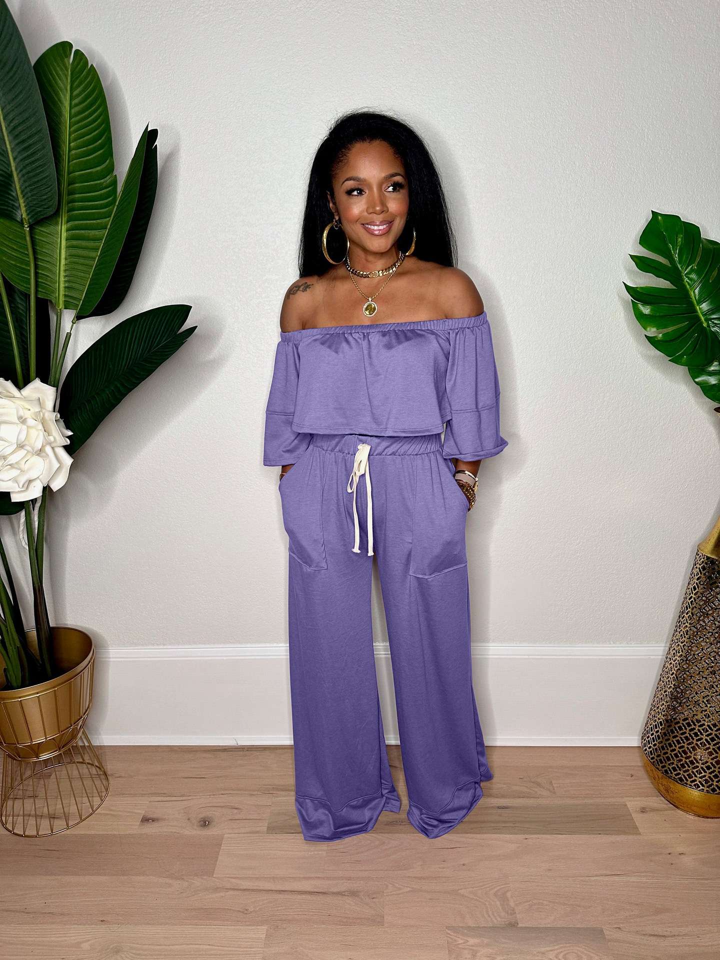 Off-Shoulder Pants & Crop Top Set - M, Purple image