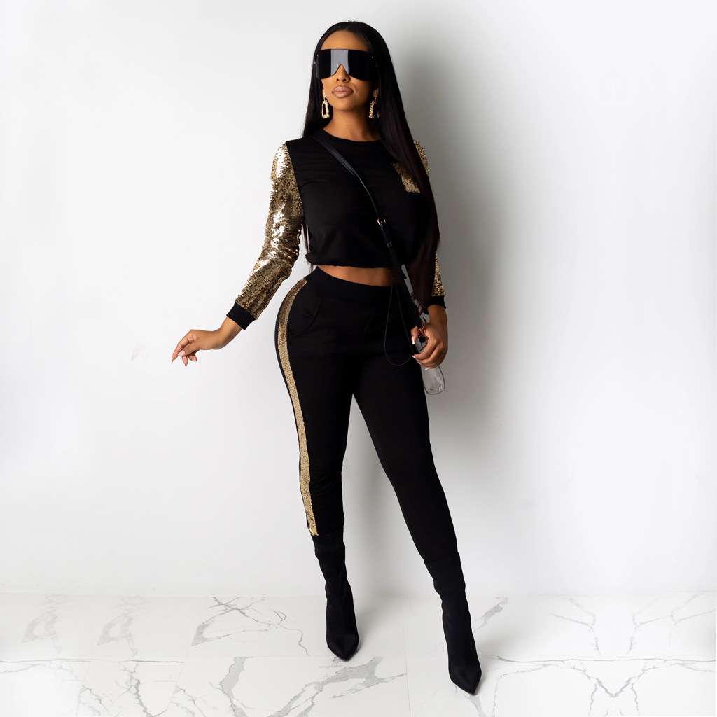 Long Sleeve Glitter Sequin  Party Tracksuit - XL, Black image