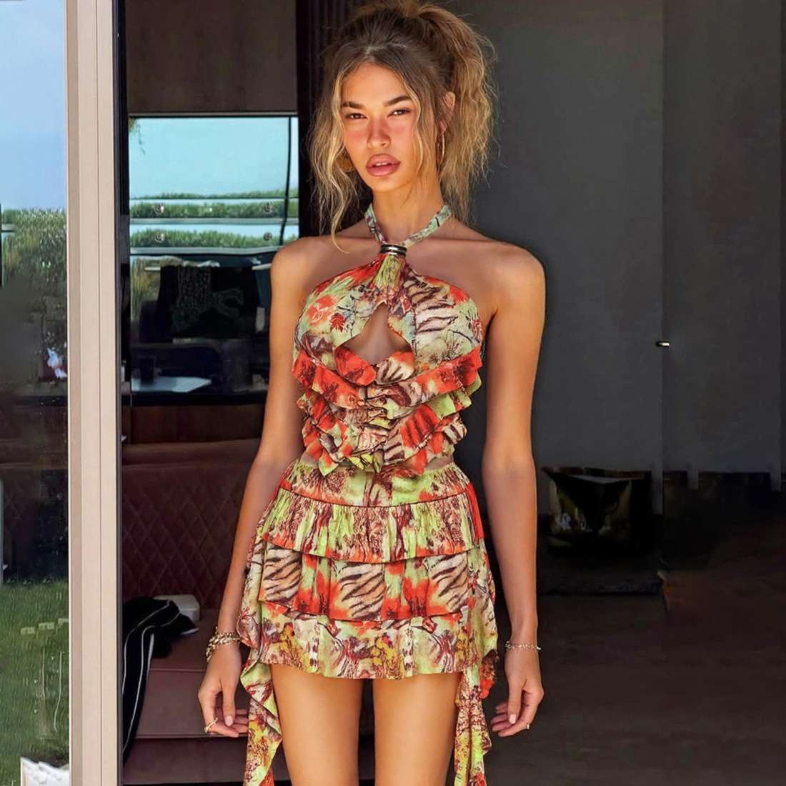 Tropical Print Ruffle Halter Mini Dress - L, Red image